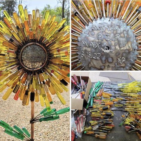 Craftionary - “141 screwdrivers. Here is a memorial flower... | Facebook Handy Woman, Sunflower Garden, Memorial Flowers, Clever Ideas, Mothers Day Crafts, Vintage Garden, Garden Crafts, Flower Making, Creative Crafts