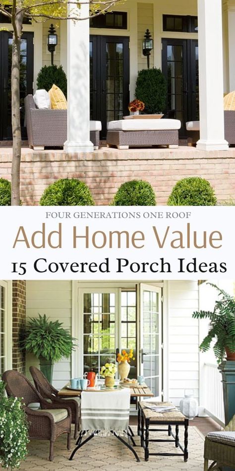 15 Amazing Covered Porch Ideas for Your Home Covered Front Porch Ideas Decor, Front Porch Extension Ideas, Covered Front Porch Ideas, Covered Porch Ideas, Patio Cozy, Shaded Patio, Farmers Porch, Covered Back Porches, Brick Porch