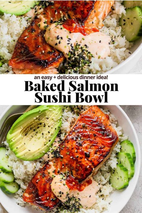 Baked Salmon Sushi Bowl -  #Baked #Bowl #Salmon #Sushi Sushi Bowls Salmon, Sushi Bake Bowl, Japanese Bbq Salmon, Simple Salmon Bowl Recipe, Simple Salmon Bowl, Easy Healthy Dinner Salmon, Salmon For Poke Bowl, Yum Yum Salmon, Protein Sushi Bowls