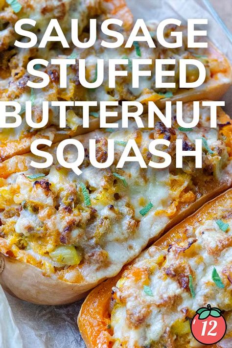 Sausage Stuffed Butternut Squash | 12 Tomatoes Butternut Squash Stuffed With Sausage, Sausage Stuffed Butternut Squash Recipes, Butternut Squash Sausage Recipes, Stuffed Butternut Squash Recipes, Sausage Stuffed Squash, Sausage Stuffed Butternut Squash, Stuffed Squash Recipes, Butternut Squash Sausage, Butternut Squash Bread