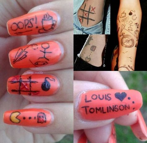 Louis Tomlinson Tattoos Nails - Nail Art Louis Tomlinson Nails Designs, Louis Tomlinson Nails, Louis Nails, One Direction Nails, Louis Tomlinson Tattoos, Nails Disney, Nails Inspired, Concert Fit, Disney Nails