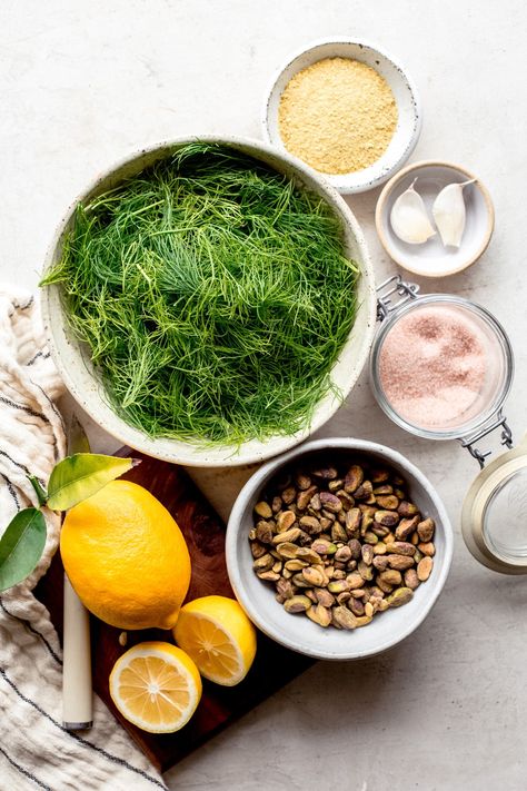 This Vegan Fennel Frond Pesto is a great way to use up the top of your fennel bulb that you don't know what to do with! This no-waste pesto recipe uses the fennel fronds and stems to create a delicious, unique pesto that has a mild flavor and is perfect on pasta, vegetables, or your favorite protein. Fennel Fronds, Fennel Pasta, Spinach Basil Pesto, Fennel Bulb, Unique Sauces, Pasta Vegetables, Italian Diet, Fennel Recipes, Arugula Pesto