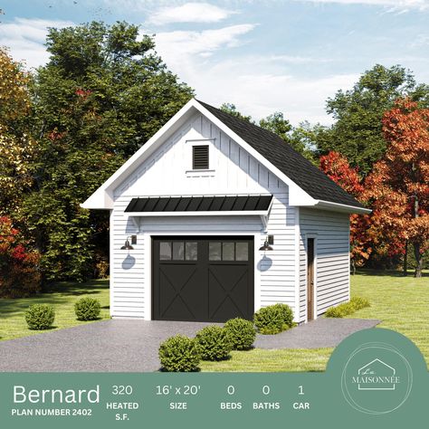 Build your dream garage with the Bernard model!  Beautiful and sophisticated 16'X 20' and 320 sq.ft garage plan. Building features: Total dimensions: 16'x 20' Total height: 18'-8'' Garage gross area: 320 sq.ft Roof pitches: 10:12 Wall types: 2''x 6'' for insulated garage (option for 2''x 4'') Basement type: Stem wall option and slab-on-grade option Thank you for your interest in this listing. Do not hesitate to contact me if you have any questions, I will be happy to respond as soon as possible! Detached One Car Garage Ideas, Semi Attached Garage, Garage Shed Design, Unattached Garage Ideas, Detached Garage Ideas Backyard, Small Garages, One Car Detached Garage, Garage Design Plans, Detached Garage Ideas