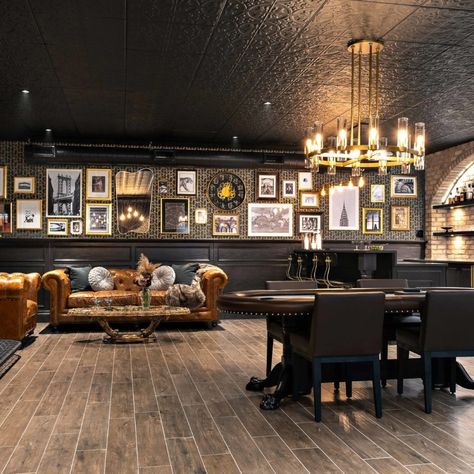 Wallpaper Basement Walls, Basement Pub Ideas Interior Design, Speakeasy Inspired Basement, Speakeasy Bourbon Room, Speakeasy Office Design, Small Home Speakeasy, Rustic Speakeasy, Speakeasy Room Ideas Home, Speakeasy Ceiling