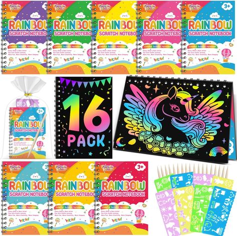 Kids Arts and Crafts Supplies - This kid scratch art includes 16 pack scratch notepads, 18pcs wooden styluses, 16pcs drawing stencils, 18pcs Gift bags and 1pcs gift box.Just scratch off the black coating on the drawing paper, and rainbow lines will appear. Children can also use the stencils to design more cute and funny shapes on the scraped paper to create colorful paper artworks. Art Party Favors, Christmas Goodie Bags, Party Favors For Kids, Birthday Goodie Bags, Party Favors For Kids Birthday, Drawing Stencils, Notebook Art, Scratch Art, Classroom Gifts