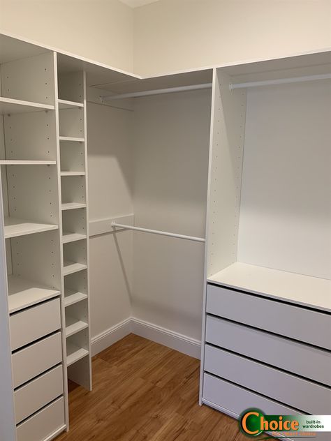 Walk in Robe with handleless drawers | Built in Wardrobes for Western Sydney Small Walk In Robe Layout, Small Walk In Robe, Walk Through Wardrobe, Handleless Drawers, Laundry Storage Solutions, Built In Wardrobes, Attic Bedroom Storage, Teenage Girl Room, Office Storage Solutions