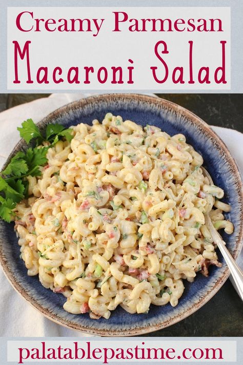 Creamy Parmesan Macaroni Salad combines bacon and other crunchy bits with pasta in a super creamy Parmesan based dressing. Creamy Parmesan Pasta Salad, Parmesan Pasta Salad, Salad Options, Salad Recipes With Bacon, Classic Pasta Salad, Parmesan Salad, Salad Dressing Recipes Healthy, Salads Pasta, Tuna Salad Pasta