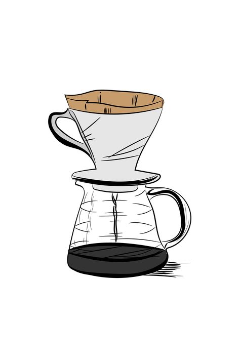 illustrater Coffee V60 Drawing, Drip Coffee Illustration, Coffee Illustration Artworks, Coffee Drawing Ideas, Drip Aesthetics, Coffee Aesthetic Art, Coffee Art Illustration, Drip Drawing, Coffee Line Art