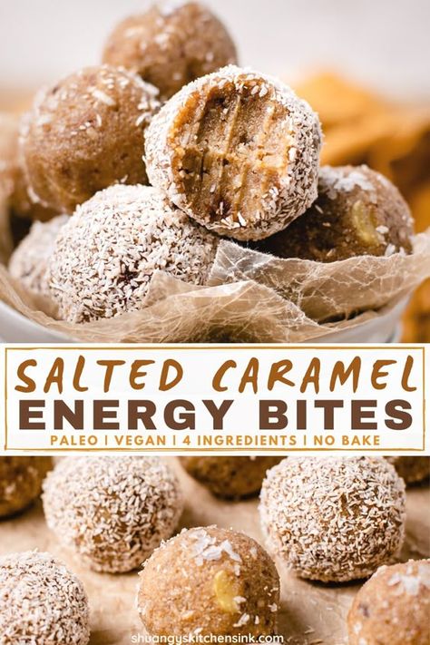 No Bake Salted Caramel Energy Balls | These easy and healthy paleo Salted Caramel energy balls are the perfect pre workout snack, healthy snacks to have in hand. They are caramely, smooth and tastes just like salted truffle. You won’t believe these salted caramel energy bites are vegan, paleo, gluten free and can also be made keto with some substitutions. They are definitely kid-friendly this fall season. | #salted caramel #nobakedessert #energyballs #vegandessert Salted Caramel Bliss Balls, Healthy Christmas Protein Balls, Salted Caramel Protein Balls, Holiday Protein Balls, Pregnancy Energy Balls, Healthy Balls No Bake, Protein Energy Balls Healthy, Keto Protein Balls, W30 Recipes