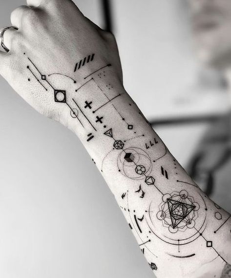 Cool Geometric Tattoos, Geometric Arm Tattoo Men, Clean Tattoos For Men, Tesseract Tattoo, Fine Line Geometric Tattoo, Geometric Arm Tattoo, Forarm Tattoos Mens, Abstract Lines Tattoo, Abstract Geometric Tattoo