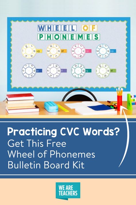 Check out this awesome Wheel of Phonemes bulletin board kit for practicing consonant-vowel-consonant words with your emergent readers. Cvc Words Bulletin Board Ideas, Phonics Bulletin Board Ideas Kindergarten, Phonics Board Display, Vowel Classroom Display, Consonant Sounds Chart, Blending Boards Phonics, Phonics Bulletin Board, Word Wheel, Vowel Consonant