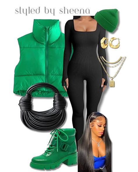 Green Jumpsuit Outfit Winter, Jumpsuit With Knee High Boots Outfit, Cargo Jumpsuit Outfit Black Women, Casual Green Winter Jumpsuits And Rompers, Green Outfits Black Women, Green Puffer Jacket Outfit, Fur Heel Boots Outfit Black Women, Catsuit Outfit, Puffer Jacket Outfit