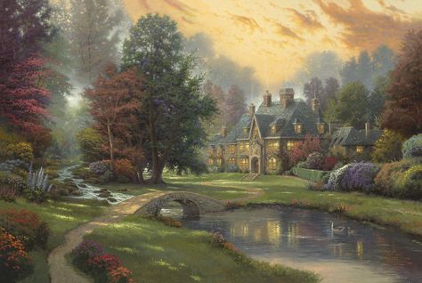 thomas kinkade | Thomas Kinkade - Thomas Kinkade Lakeside Manor Painting Art Black Love, Thomas Kinkade Art, Thomas Kinkade Paintings, Thomas Kincaid, Kinkade Paintings, Art Thomas, Disney Paintings, Thomas Kinkade, Painting Wallpaper