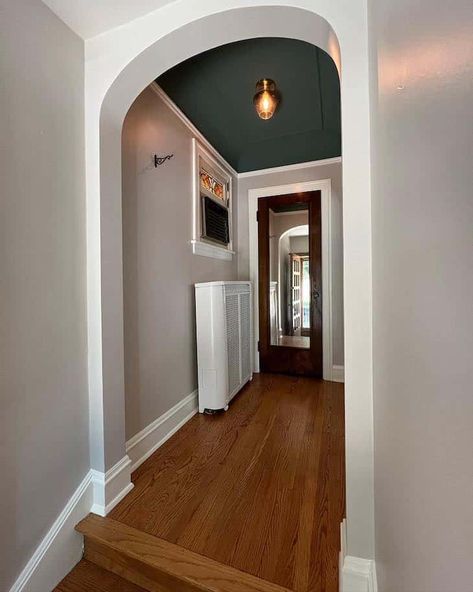 9 Accent Ceiling Ideas to Inspire You - Farmhousehub Small Hallway Ceiling Ideas, Dark Ceiling Entryway, Hallway Dark Ceiling, Wallpaper Foyer Ceiling, Black Ceiling Entryway, Dark Ceiling Hallway, Painted Ceiling Office, Hallway Painted Ceiling, Painted Hallway Ceiling