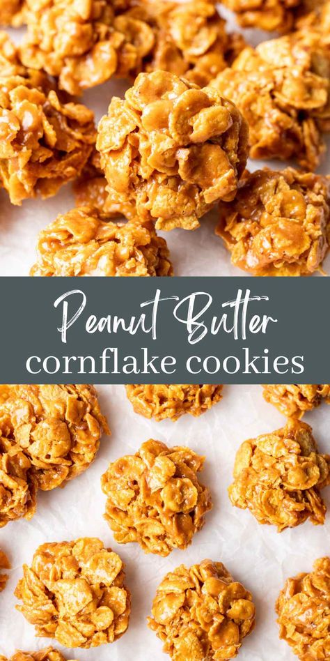 Peanut Butter Cornflake Cookies (No Bake) - I Heart Eating Cornflake Peanut Butter Balls, Frosted Flakes Cookies, Christmas Nutter Butter Cookies, Recipes With Corn Flakes, Cornflake Cookies No Bake, Cornflake Clusters, Cornflake Recipes, Cornflake Cookies Recipe, Cookies No Bake