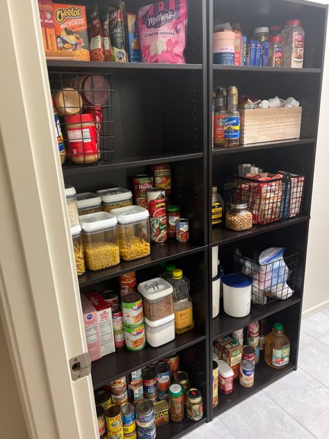 Bookshelf As Pantry, Book Shelf Pantry Ideas, Bookshelf Into Pantry, Cube Storage Pantry, Book Shelf Pantry, Cube Storage Pantry Ideas, Bookshelf Pantry Ideas, Makeshift Pantry, Kitchen With No Pantry