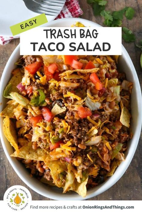 Trash Bag Taco Salad in white oblong serving bowl Tailgaiting Food, Dorito Taco Salad Recipe, Easy Taco Salad Recipe, Beef And Veggies, Lettuce Tacos, Salads For A Crowd, Taco Salads, Taco Salad Recipes, Meat Salad