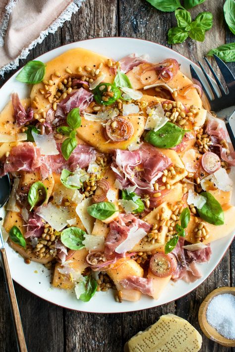 Prosciutto and Melon with Balsamic Shallots - The Original Dish Prosciutto Appetizer, Prosciutto Melon, Summer Appetizer Recipes, The Original Dish, Melon Salad, Beach Meals, Summer Appetizer, Toasted Pine Nuts, Half Baked