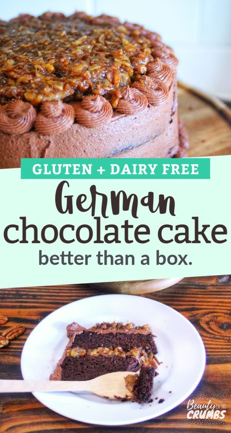 Gluten Free German Chocolate Cake, Dairy Free Cake Recipe, Pecan Filling, German Chocolate Cake Recipe, Gluten Free Chocolate Cake, Dairy Free Cake, Dairy Free Gluten Free, Coconut Pecan, German Chocolate Cake