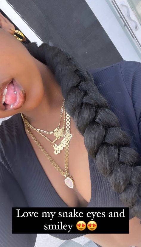 Snake eyes, snake eye piercing, gold chains, smiley piercing , black girl lip combos Snakeyes Piercing, Eye Piercing Ideas, Tongue Piercing Snake Eyes, Snake Tongue Piercing, Snake Eyes Tongue Piercing Aesthetic, Snake Eyes Piercing Aesthetic, Snake Eyes And Smiley Piercing, Snake Eye Pricing, Snake Eyes Piercing Jewelry