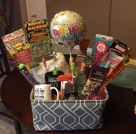 I made this for my friend's 60th Birthday. 60th Birthday Gift Basket, 50 Birthday Gift Baskets, Gift Basket For Men, Birthday Gift Basket Ideas, Basket For Men, 60th Wedding Anniversary Gifts, Funny 60th Birthday Gifts, Anniversary Gift Baskets, 60th Anniversary Gifts