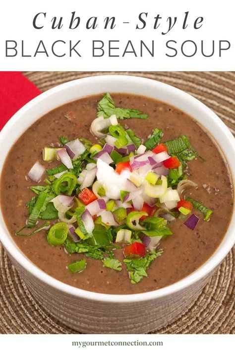 A simple, speedy version of Cuban black bean soup flavored with onion, garlic, red bell pepper, jalapeno, cumin, coriander and lime juice. Jalapeno Soup Recipes Healthy, Cuban Black Bean Soup, Soups Healthy, Bean Soups, Easy Black Bean Soup, Cuban Black Beans, Black Bean Soup, Soup Kitchen, Vegetable Broth