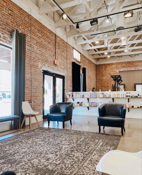 Loft Hair Salon Design, Open Ceiling Salon, Open Concept Hair Salon, Brick Wall Hair Salon, Brick Salon Design, Open Salon Layout, Exposed Brick Hair Salon, Warehouse Salon Design, Open Concept Salon