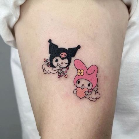 Hello Kitty And Kuromi Tattoo, Matching Tattoos Hello Kitty, Kuromi And My Melody Matching Tattoo, Kuromi My Melody Tattoo, Kuromi And My Melody Tattoo, My Melody Tattoo, Kuromi Tattoo, Cupid Tattoo, Hello Kitty Tattoo