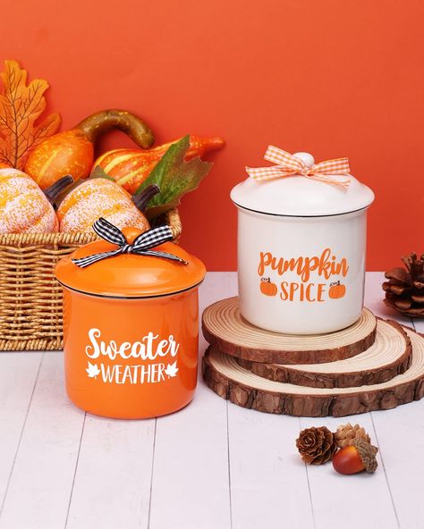 PRICES MAY VARY. Fall Decorations for Home - Whether you already have or are tired of those fall wood pallet decorations that can only be placed. These mini jars will be the unique and practical accessories you add to the layered tray this cool season! Autumn Ceramic Jar - The package includes 2 pcs canisters, one is printed with" pumpkin spice" and the other is printed with "sweater weather".Both are made of quality ceramic, Each comes with a lid tied with a buffalo plaid bow. Mini Candy Holder Milk Bottle Decor, Fall Ornaments, Fall Tiered Tray Decor, Ceramic Canisters, Pallet Decorations, Cozy Fall Decor, Table Farmhouse, Mini Jars, Pallet Decor