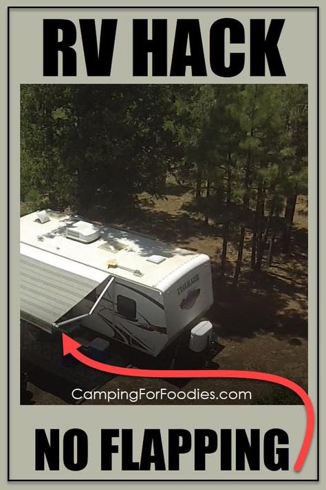 Don't get annoyed with that flapping noise! Use this simple DIY hack to tie down your RV awning so it quits flapping in the wind! This little gadget will be your most favorite piece of camping gear! Get more camping tips and RV hacks from CampingForFoodies. #camping #camp #RV #tips #hacks #CampingForFoodies #simple #diy #gadget #gear Rv Hack, Rv Diy, Camper Maintenance, Rv Awning, Rv Inspiration, Rv Gear, Camper Awnings, Full Time Rv Living, Solar Products