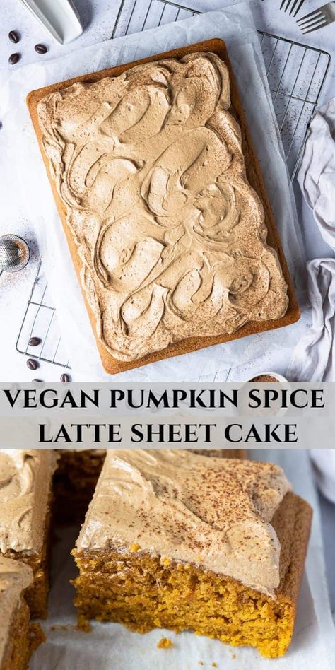 Vegan pumpkin spice latte cake - this easy vegan pumpkin sheet cake topped with fluffy coffee buttercream is dreamily soft, moist and delicious. It is full of warming Fall flavours and is a perfect cake for celebrations. Eggless and dairy-free. #vegancake #veganbaking #sheetcake #eggless Vegan Maple Frosting, Vegan Spice Cake, Pumpkin Spice Latte Cake, Fluffy Coffee, Vegan Pumpkin Spice Latte, Vegan Bakes, Crust Designs, Latte Cake, Thanksgiving Vegan