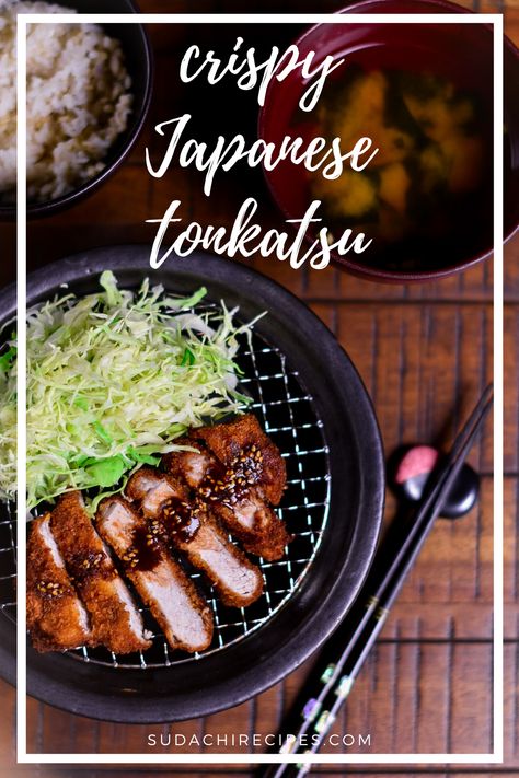 Crispy Japanese pork Tonkatsu served with a side of shredded green cabbage, miso soup and white rice. Japanese Tonkatsu Recipe, Tonkatsu Recipe, Japanese Pork Cutlet, Pork Tonkatsu, Traditional Japanese Recipes, Pork Cutlet Bowl, Pork Katsu, Beef Cutlets, Katsu Recipes