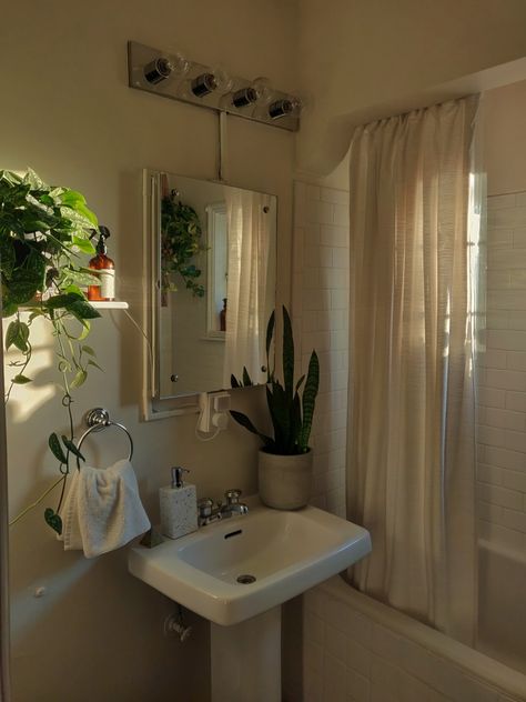 Bright Clean Bathroom Ideas, Aesthetic Bathroom Interior, Aesthetic Small Bathroom Decor, Bathroom Small Aesthetic, Comfy Bathroom Aesthetic, Naturecore Aesthetic Room, Apartment Clean Aesthetic, Different Bathroom Aesthetics, Earthy Aesthetic Bathroom