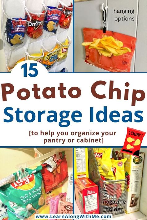 Get your pantry organized with one of these potato chip storage ideas.  15 ways to store chip bags to help tidy up your pantry or kitchen cabinet.

There are some ways to store chips on a pantry shelf, inside a cabinet and some hanging options to utilize vertical space.

#potatochipstorageideas  #pantryorganization  #pantryorganizationideas  #pantrystorage  #pantrystorageideas  #potatochipstorage Hanging Chips In Pantry, Storing Chip Bags In Pantry, Chip Pantry Storage, Pantry Organization Chip Bags, Pantry Organization For Snacks, How To Store Chips Bags In Pantry, Small Chip Bag Storage, Ways To Store Chips, Bread And Chip Storage Ideas