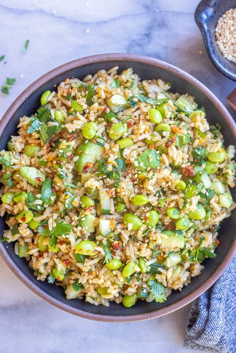 Cucumber Edamame Rice Salad Rice With Edamame, Cucumber Rice Salad, Sushi Rice Salad Recipe, Rice For Kabobs, Edamame Rice Bowl, Cold Rice Bowls, Crispy Rice Cucumber Salad, Asian Rice Salad, Healthy Rice Salad