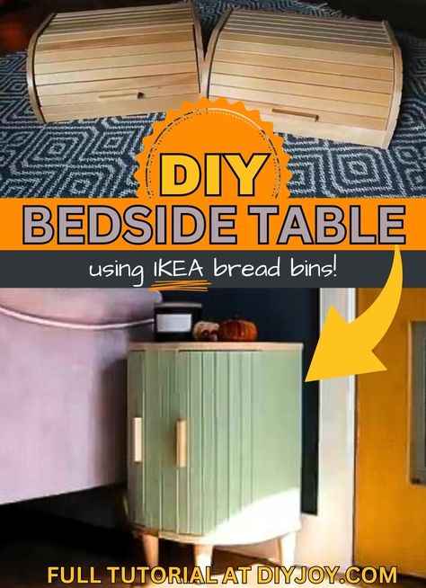 Breadbox Nightstand, Diy Boho Bedside Table, Narrow Bedside Table Ideas Diy, Bread Box Nightstand, Ikea Bread Bin Side Table, Ikea Bread Box Hack, Bed Side Table Diy, Diy Bedside Table Easy, Alternative Bedside Table Ideas