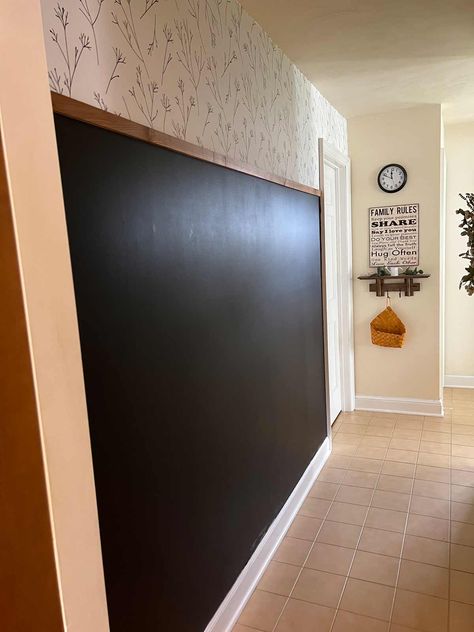 Chalk Wall Living Room, Chalkboard Wall Hallway, Chalkboard In Hallway, Hallway Chalkboard Wall, Half Wall Chalkboard Paint, Partial Chalkboard Wall, Chalk And White Board Wall, Modern Chalkboard Wall, Half Chalkboard Wall