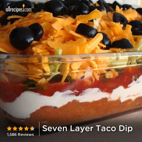 Seven Layer Taco Dip | "I made this for a family gathering and received nothing but praise for it! Great make-ahead dish that also travels well. It will be my go-to appetizer recipes for functions." Seven Layer Taco Dip, Layer Taco Dip, Layered Taco Dip, Taco Dip Recipe, Diy Easy Recipes, Layer Dip, Taco Dip, Football Food, Mexican Dishes