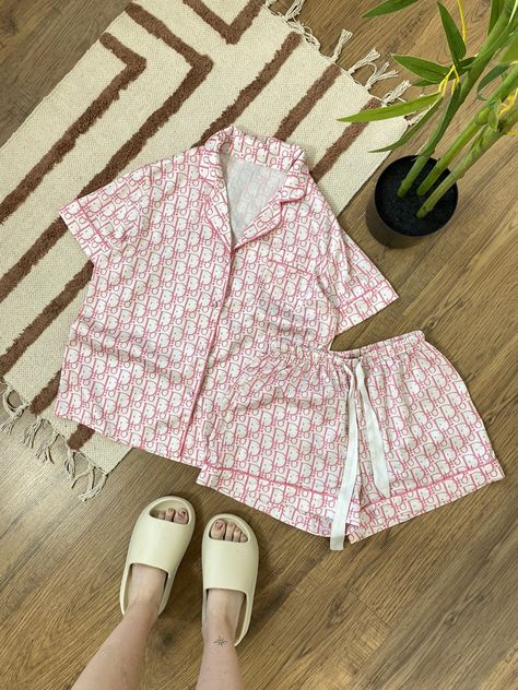 DIOR STYLE MONOGRAM SATIN PAJAMA Dior Pajamas, Dior Style, Dr Closet, Cute Pajama Sets, Satin Pajama, Cute Pajamas, Satin Pajamas, Pajama Sets, Women's Tops