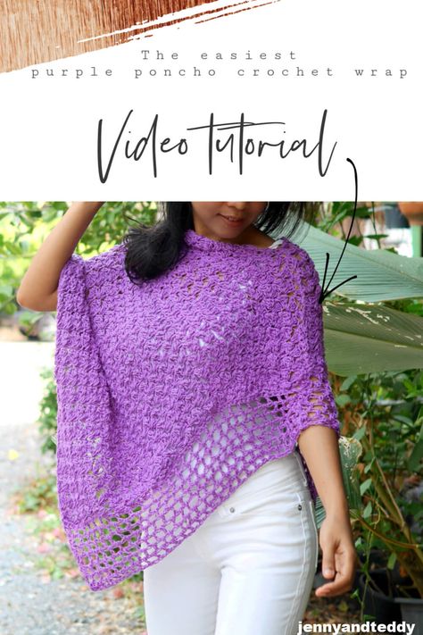 Knitted Poncho Patterns, Crocheted Ponchos, Mesh Shawl, Crochet Boutique, Crocheted Tops, Crochet Wraps, Poncho Patterns, Crochet Purple, Spring Crochet