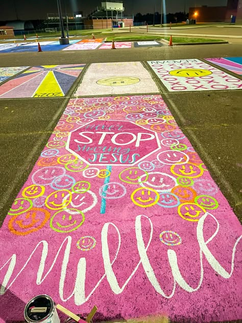 Hello Kitty Senior Parking Spot, Jesus Senior Parking Spot, How Lucky Are We Parking Spot, Cute Simple Senior Parking Spot Ideas, Senior Parking Spaces Bible Verses, Christian Parking Spot Painting, Senior Year Parking Spot, Senior Festivities, Cute Parking Spot Painting Ideas