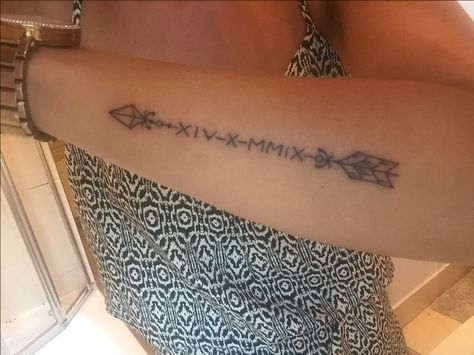 Forearm arrow tattoo with Roman numerals                              … Tattoo Quotes Forearm, Tattoo With Roman Numerals, Mens Arrow Tattoo, Tattoo Arrow, Roman Numeral Tattoos, Cross Tattoo For Men, Feminine Tattoo, Arrow Tattoo, Arrow Tattoos