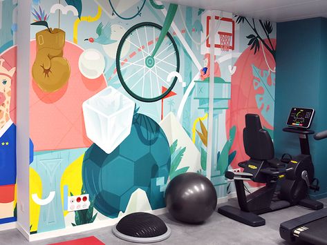 Sport Mural. by Paykhan on Dribbble Sport Bar Design, Jungle Artwork, Jungle Mural, Sports Painting, Cabinet Medical, School Murals, Creative Wall Decor, Murals For Kids, Bedroom Murals