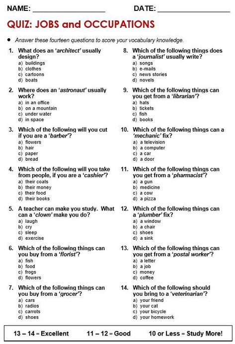 This ESL quiz contains 14 questions about jobs and work to practice related vocabulary. Jobs Worksheet, Types Of Jobs, Teach English Online, Career Test, Vocabulary Quiz, Grammar Quiz, Grammar For Kids, English Teaching Materials, English Teaching Resources