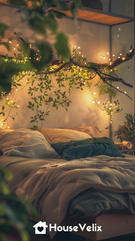 Fairy Light Branch Decor Lighted Branches Decor, Fairy Light Bedroom, Forest Theme Bedroom, Forest Bedroom Ideas, Skylight Bedroom, Forest Themed Bedroom, Themed Bedroom Ideas, Room Lights Decor, Understory Plants