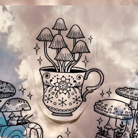 Mushroom Teacup Tattoo, Tea Cup Tattoo, Goth Embroidery, Witchy Mushroom, Tea Cup Drawing, Coffee Cup Tattoo, Tea Tattoo, Teacup Tattoo, Satanic Tattoos