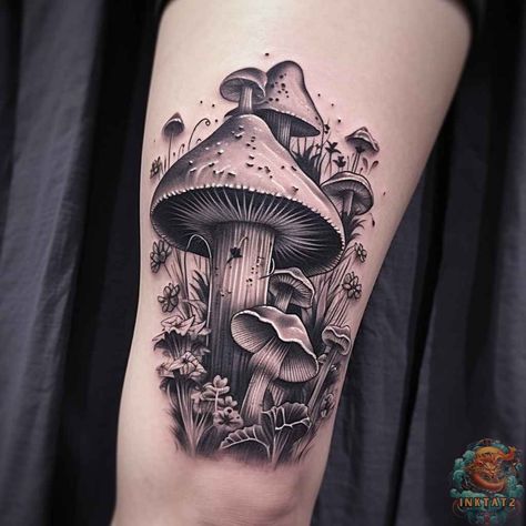 Exploring the Fungi: The Fascinating World of Mushroom Tattoos: 81 Designs - inktat2.com Mushroom Face Tattoo, Shroom Tattoo Ideas, Mushroom Tattoos For Women, Skull And Mushrooms Tattoo, Red Mushroom Tattoo, Realistic Mushroom Tattoo, Trippie Tattoos, Shroom Tattoo, Mushrooms Tattoo Design