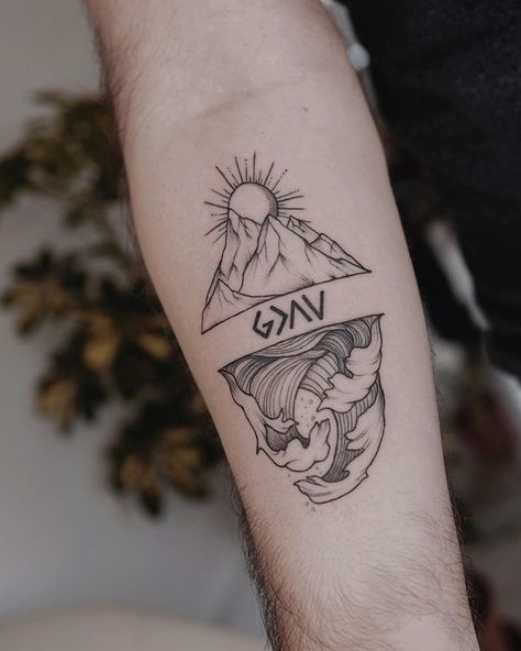 God Is Greater Than The Hills And Valleys Tattoo, I Am Greater Than I Was Tattoo, Christian Geometric Tattoo, God Above The Highs And Lows Tattoo, God Is Bigger Than The Highs And Lows, High And Low Tattoo, Christian Patchwork Tattoo Ideas, Large Christian Tattoos, Tattoo God Is Greater Than Ups And Downs