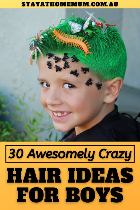 30 Awesomely Crazy Hair Ideas for Boys | Stay At Home Mum Boys Halloween Hair, Crazy Hair Day Black Kids, Crazy Hair Day At School For Boys Easy, Crazy Hair Day Boys Short Hair, Crazy Hair Day For Boys With Short, Boy Crazy Hair Day, Boys Crazy Hair Day Ideas, Crazy Hair For Boys, Boys Crazy Hair Day