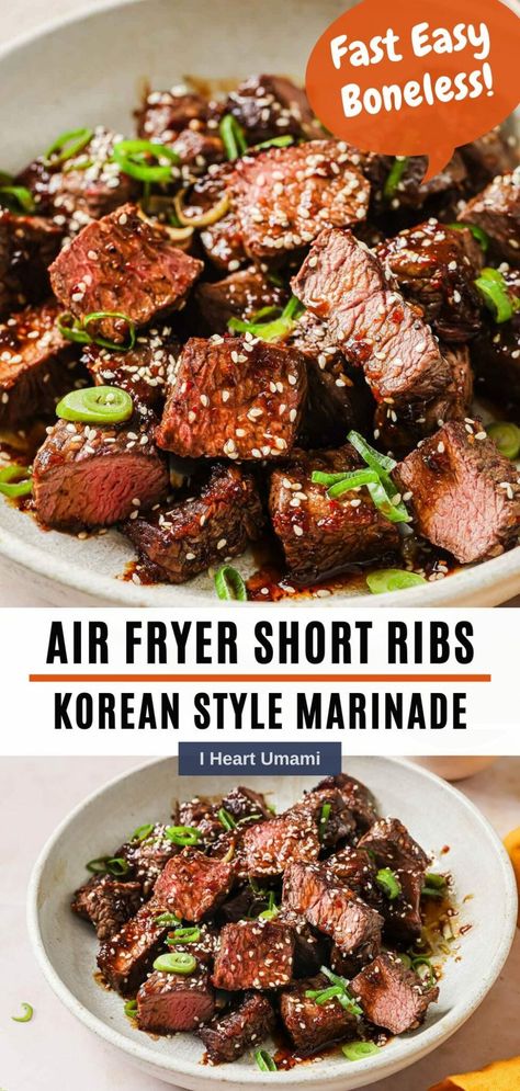 This boneless thick-cut air fryer short ribs is fast and easy. With a quick Korean marinade and air fry for 10 minutes. Perfect for meal prep. #shortribs #airfrying #beefrecipes #koreanrecipes #marinade #beefmarinade #glutenfree #keto Korean Marinade, Umami Recipes, Boneless Beef Ribs, Gluten Free Asian Recipes, Ribs Easy, Cooking Short Ribs, Boneless Short Ribs, Boneless Pork Ribs, Fried Recipes